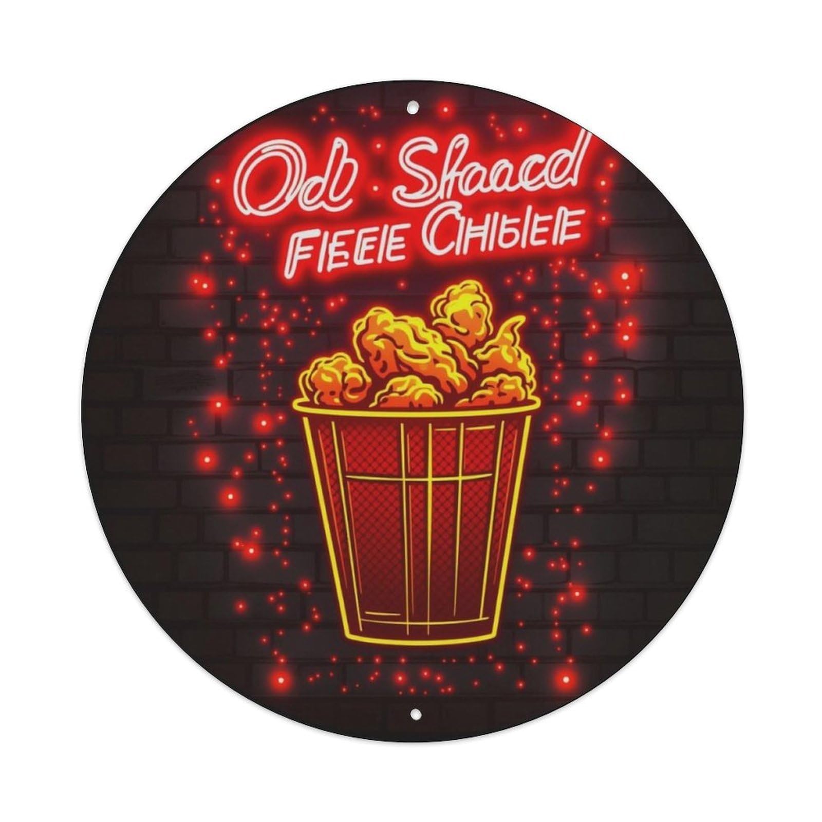 Neon Fried Chicken Bucket Brick Wall Round Sign Vintage Aluminium Metal Sign, Retro Wall Decor for Home, Bar, Garage & Farmhouse 20x20cm