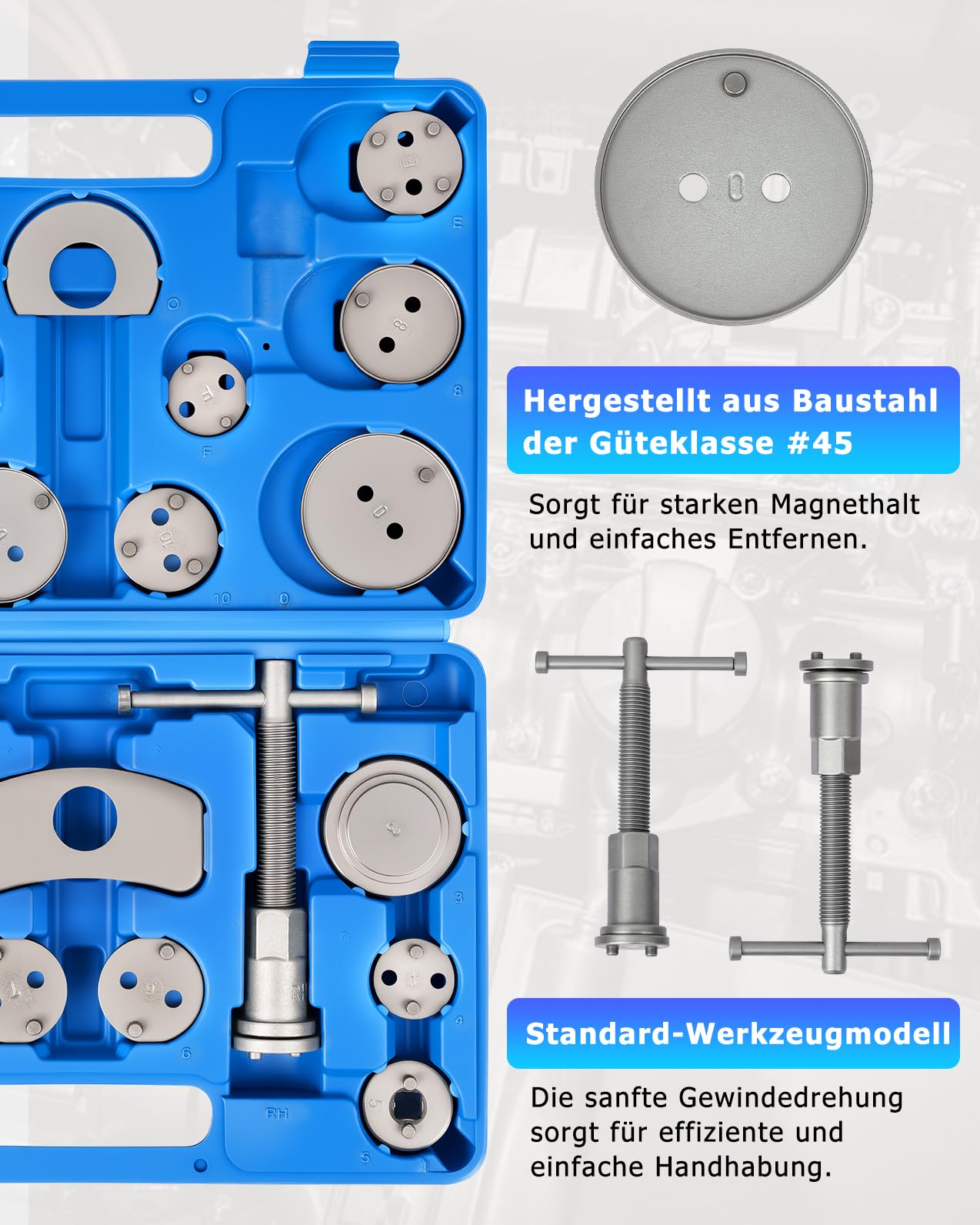 DAYUAN 22 TLG. Universal Bremskolbenrücksteller Set Bremssattel Kolben Wind Zurück Tool Kit Bremse Instandsetzung Werkzeug Bremskolben | Bremskolben Rückstellwerkzeug Set für Ford, Renault und VW usw, 18 verschiedenen Adaptern, magnetkopf, einfach zu verw