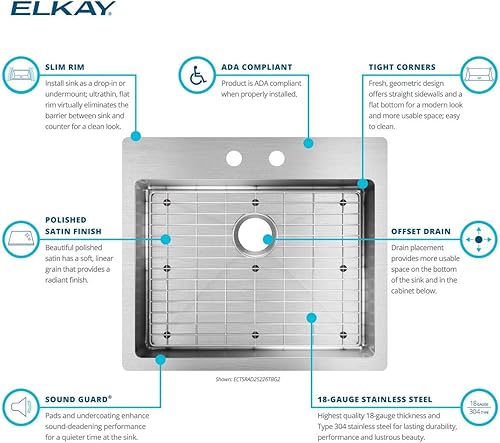 Miniatura 5 de Elkay Crosstown ECTSRAD25226TBG2 - Juego de fregadero ADA de acero inoxidable de montaje doble, con cuenco individual