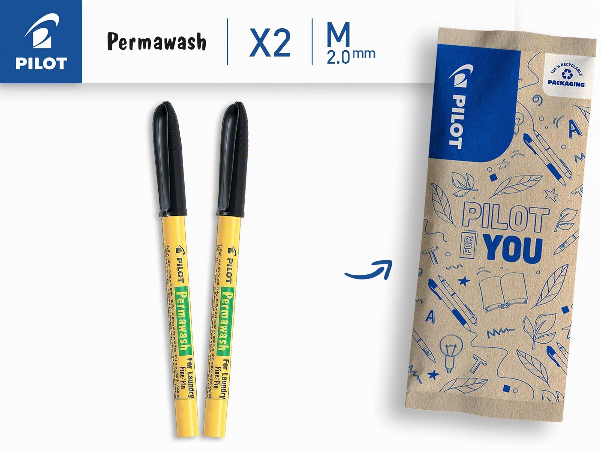 PILOT Caja de 2 Marcadores Textiles Permawash - Tinta Lavable - Negro - Punta Fina