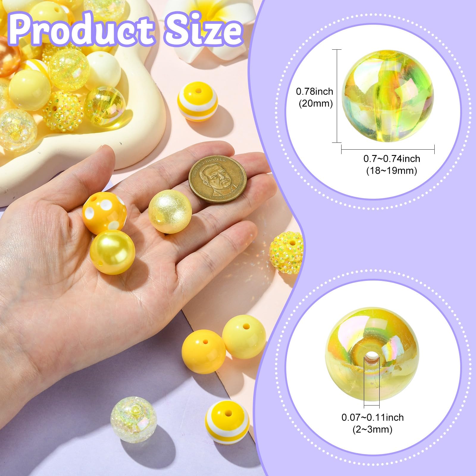 UR URLIFEHALL 50 Pcs Yellow Bubblegum Beads 20mm Round Rhinestone Beads Acrylic Plastic Gumball Beads for Beadable Pens Jewellery Making Crafts - Image 2