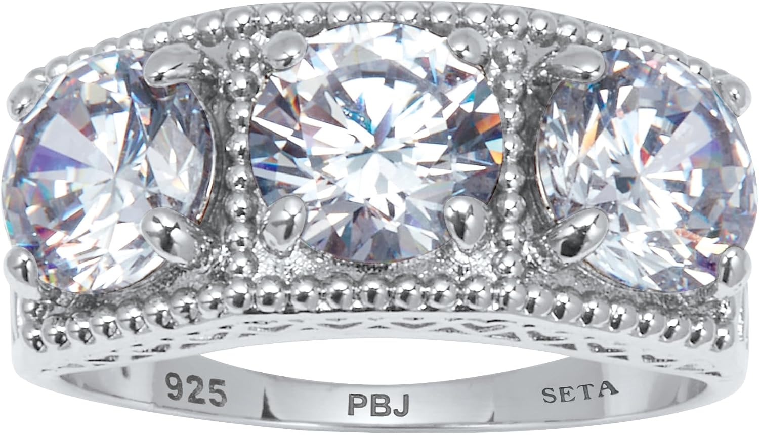 PalmBeach Platinum-plated Sterling Silver Round Cubic Zirconia 3-Stone Ring Sizes 6-10