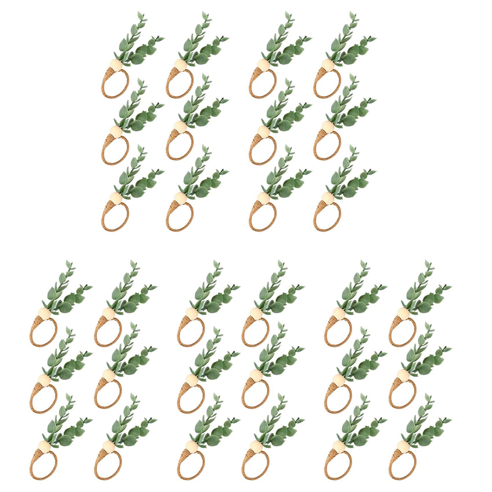 Vjsujehgy 30 Pieces Eucalyptus Napkin Rings Handmade Wooden Beads Home Decor Faux Greenery Napkin Holders for Weddings,Party,Etc