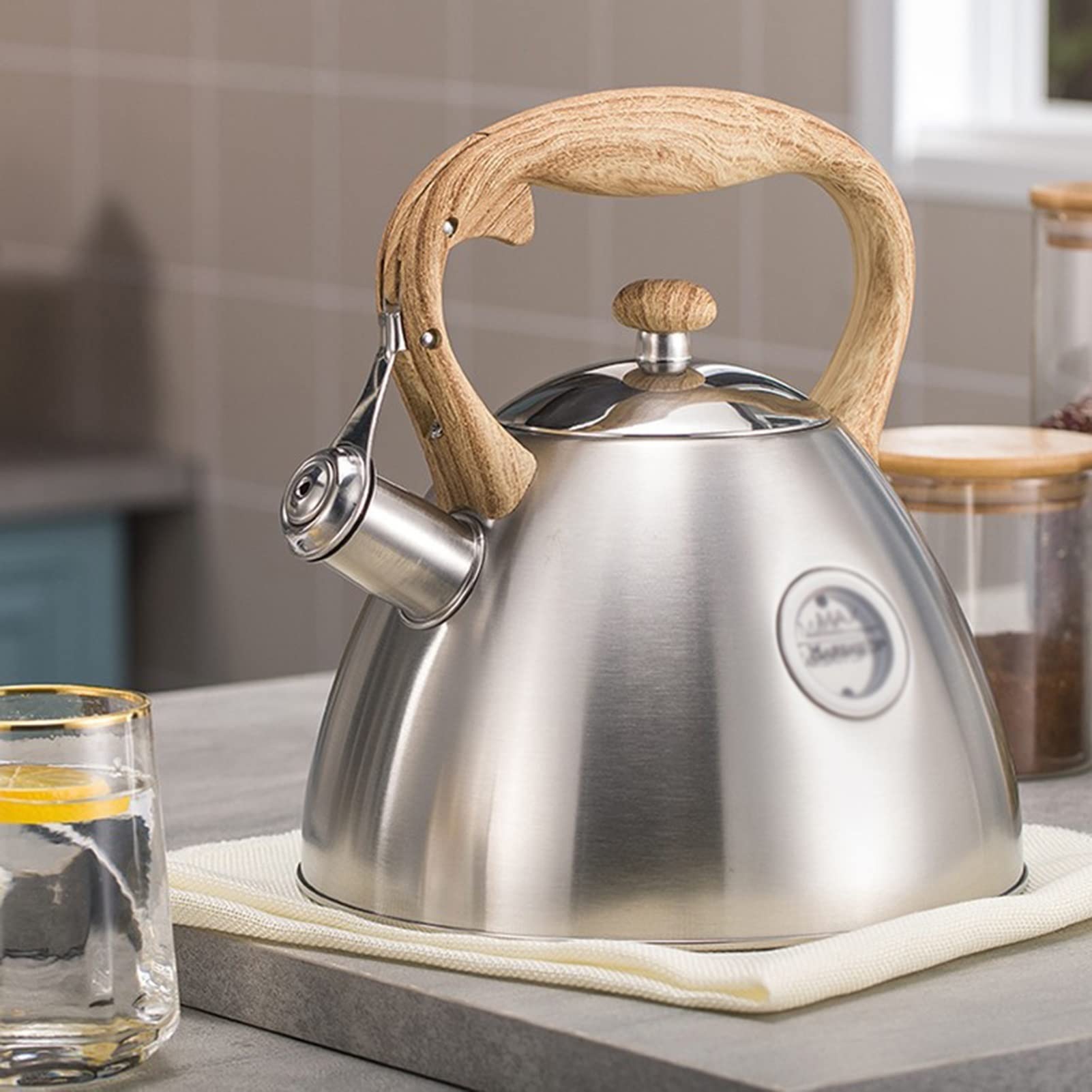 Stove Top Kettle, 2.7 Quart Whistling Kettle For Gas Hob With Wood Pattern Handle Loud Whistle Food Grade Stainless Steel Kettle Cream, Anti-Hot