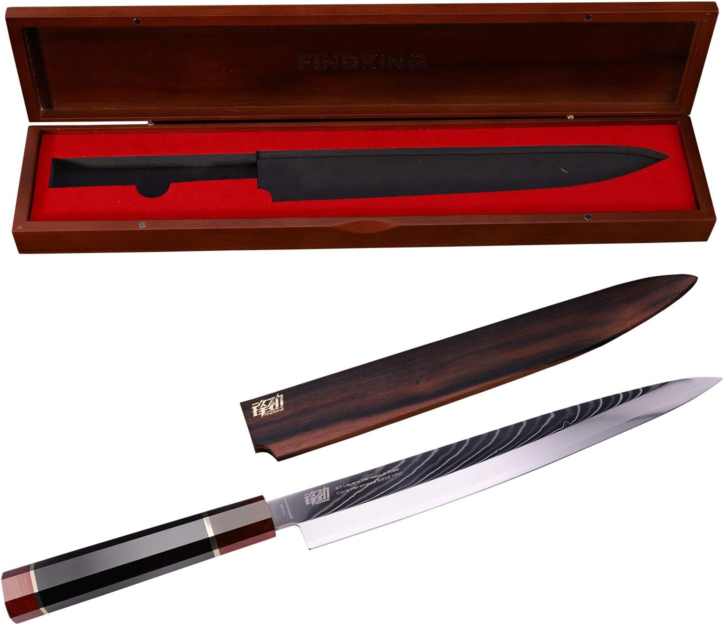 FINDKING Prestige Series Yanagiba Knife with Walnut Cover, Japanese SKD11 Damascus Steel Blade, Ebony Wood Octagonal Handle, Professional Sashimi Sushi Fish Knife (10.5 Inches, with Wooden Gift Box)