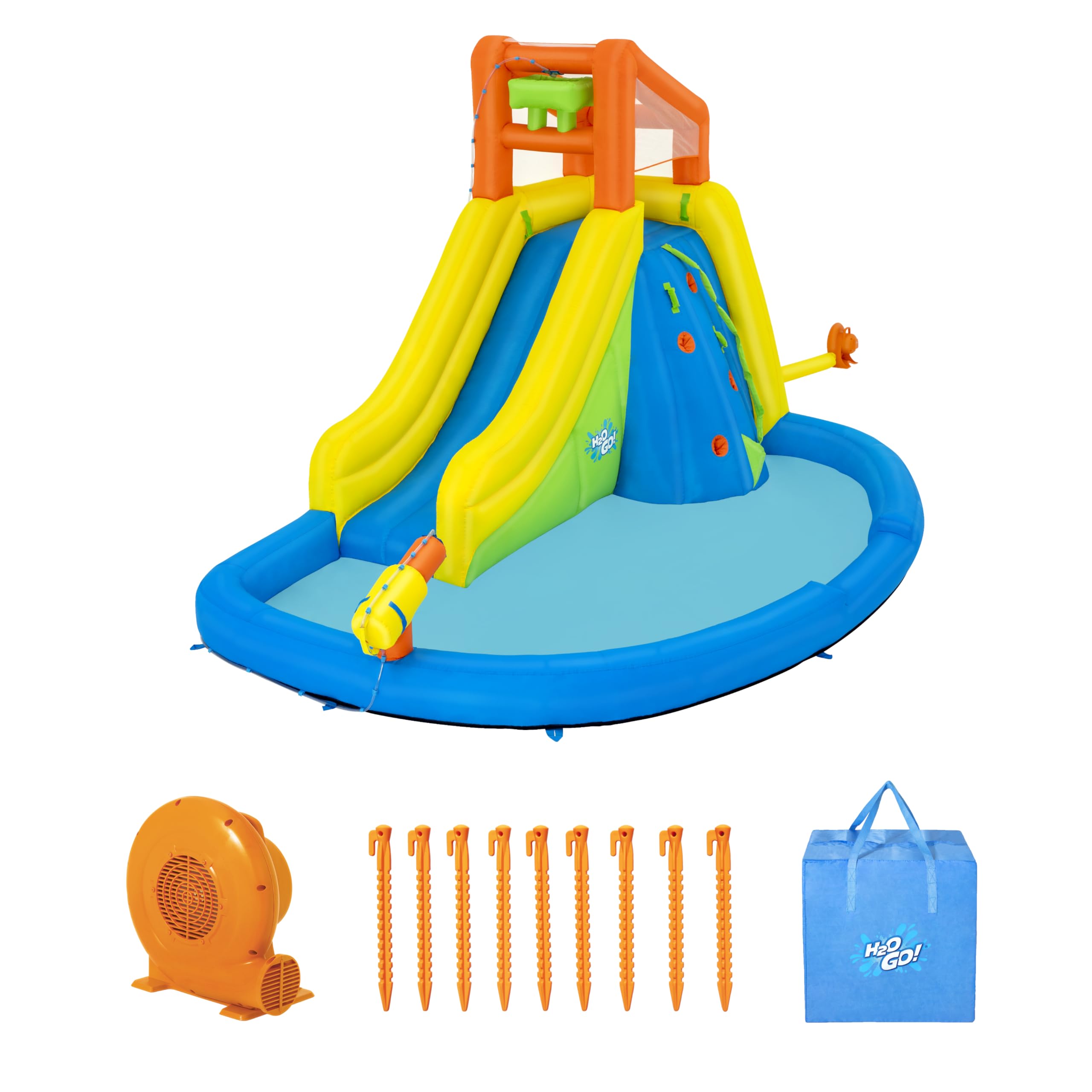Bestway H2OGO! Mega-Wasserpark Wasserberg, 435 x 286 x 267 cm, für 5 Kinder, Rutsche, Kletterwand, Wasserkanone, Dauergebläse, PVC-beschichtetes Polyester, ab 5 Jahren, Tasche, Reparatur-Set
