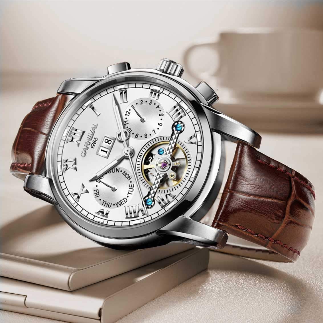 MASTOP Herren Tourbillon Automatik Mechanische Uhr Edelstahl Saphir Wasserdicht Leuchtende Leder Uhren
