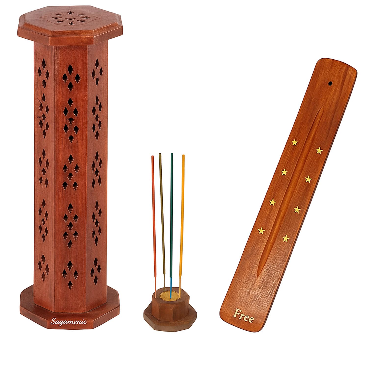 SIGNAMIO® 2pcs Wooden Sambrani Agarbatti Incense Stand with Extra Ash Catcher Agarbatti Incense Stick Holder for Pooja Item Handcrafted Traditional Design for Dhoop Cup Cone Home/Office/Temple-DN-1