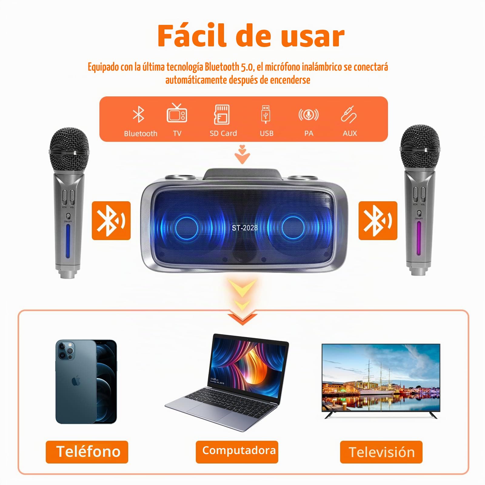 Karaoke Bluetooth con 2 Micrófonos Inalámbricos, Altavoz Portátil para Adultos,Sistema PA de Fiesta con Luces de Discoteca para Party, Cumpleaños, Viajar