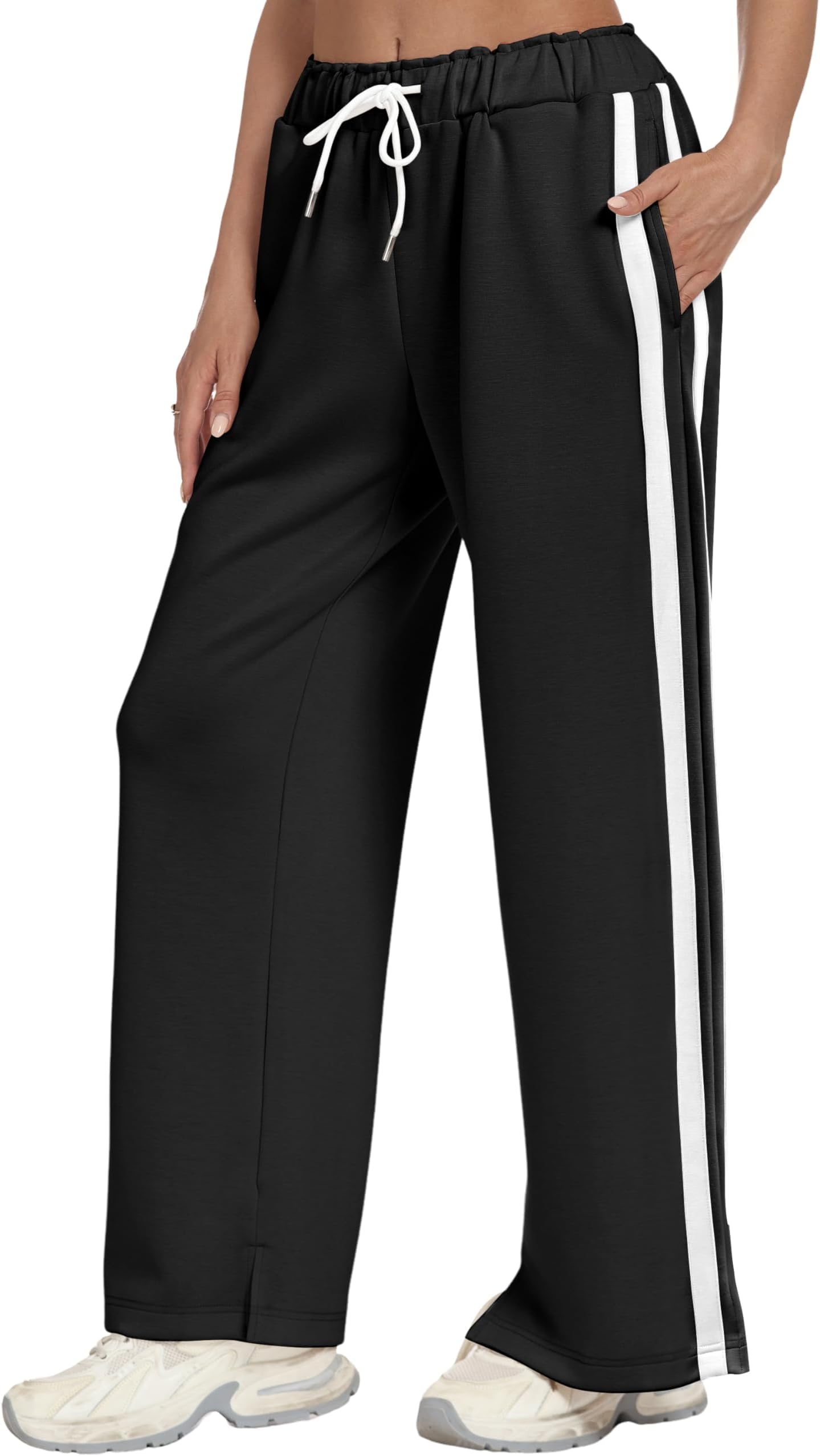 Womens Wide Leg Sweatpants Side Striped High Waisted Baggy Pants Drawstring Lounge Track Pants Athletic Joggers