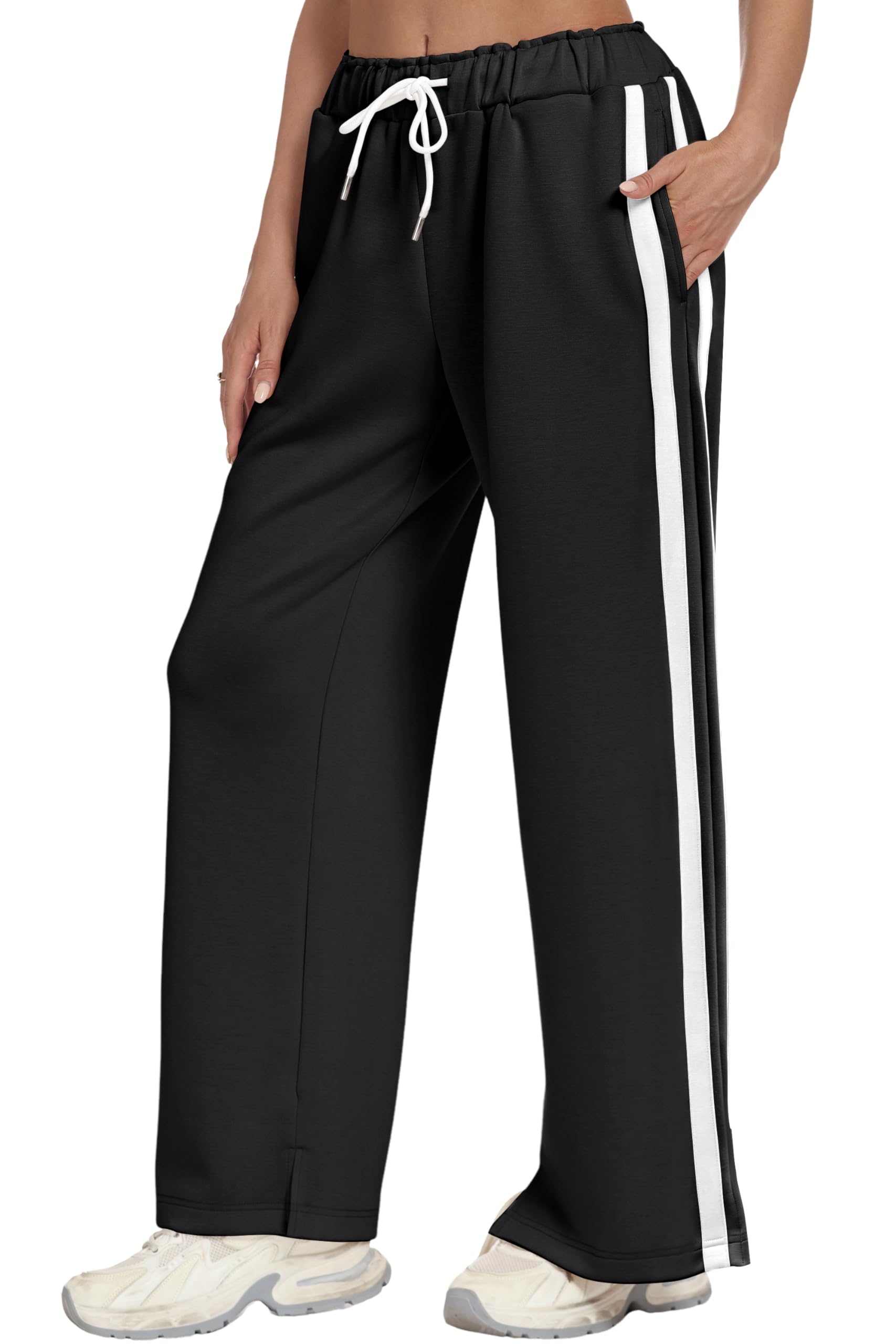 Womens Wide Leg Sweatpants Side Striped High Waisted Baggy Pants Drawstring Lounge Track Pants Athletic Joggers