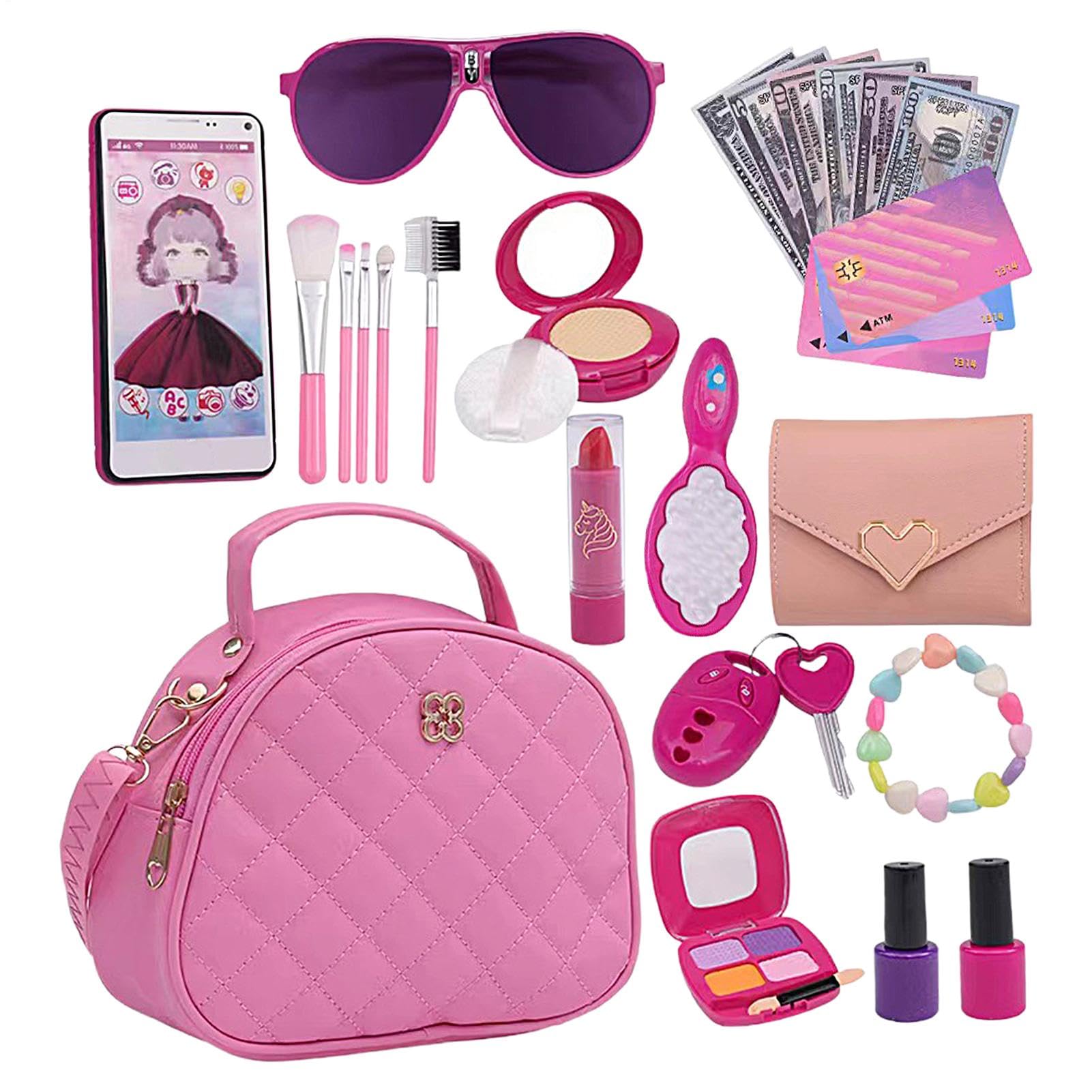 Monedero de Juego para niños pequeños, Monedero de con Accesorios - Juego de Juguetes 27X | Juguetes de Maquillaje para Juegos de simulación, Que Incluyen Billetera, teléfonos, Gafas de