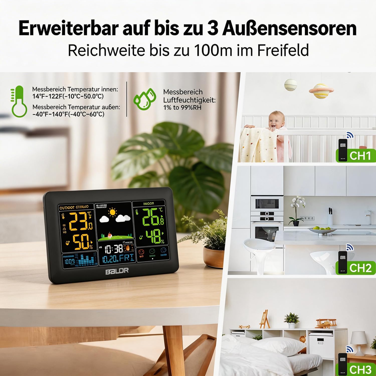 Draadloos weerstation met dcf-klok en buitensensor