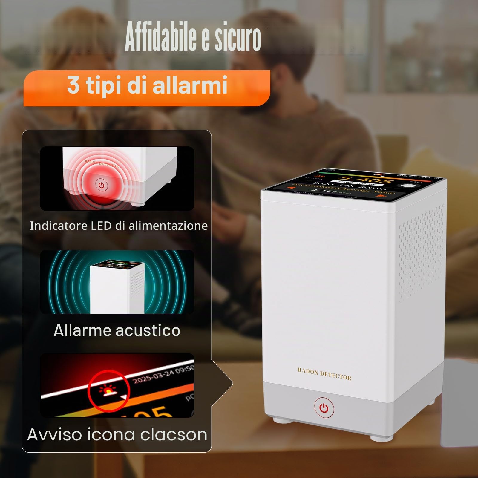 RM-73 Rilevatore di radon, con allarme sonoro e visivo, schermo LCD a colori touch, per il monitoraggio a lungo termine della concentrazione di radon in casa o in cantina, in Bq/m³ o pCi/L