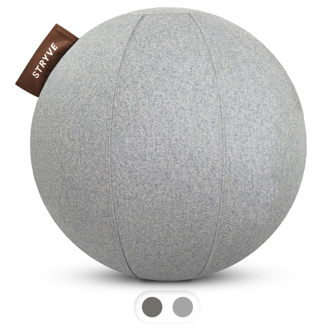 STRYVE Sitzball Büro 65,70cm - 100% Merinowolle - Ergonomischer Gymnastikball mit waschbarem Bezug und Wegrollschutz, inkl. Luftpumpe - Bis 150kg - Als Bürostuhl, Hocker (Wollfilz Light Grey, 65cm)