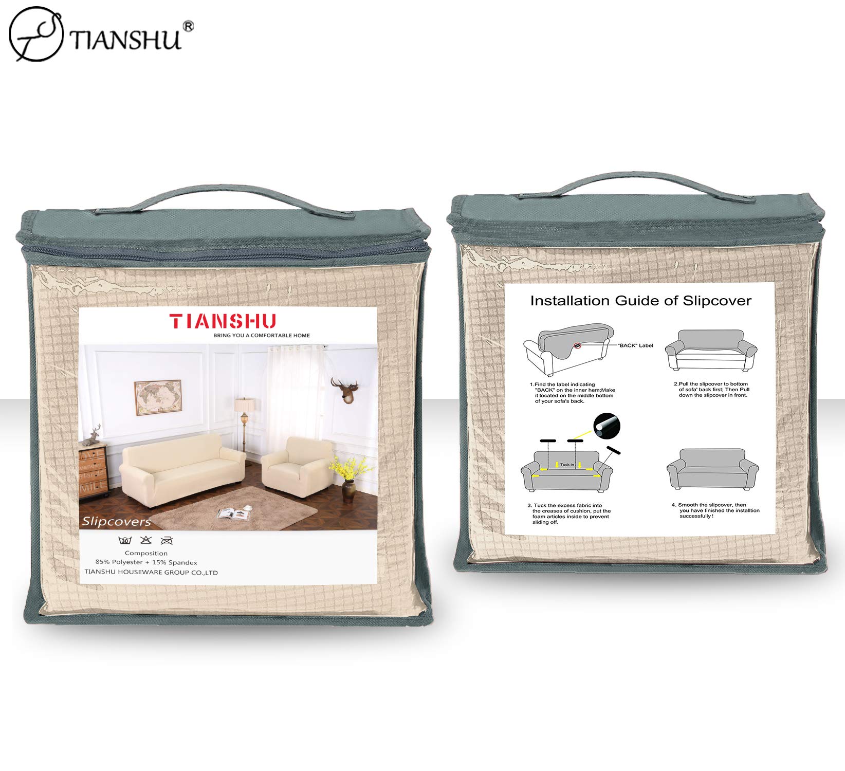 TIANSHU Funda Elástica para Sofá, Funda Sofa 3 Plaza, Ajustables Fundas Sofa Elasticas, Proteger el sofá, Funda de Sofá con Reposabrazos Antideslizante Antimanchas Lavable (Beige)