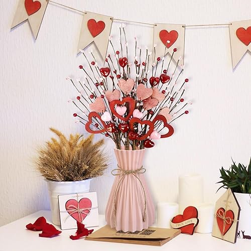 Miniatura 3 de Krissing Decoración del día de San Valentín, 4 piezas de flores para el día de San Valentín con jarrón de madera, corazón rojo y rosa, tallo de