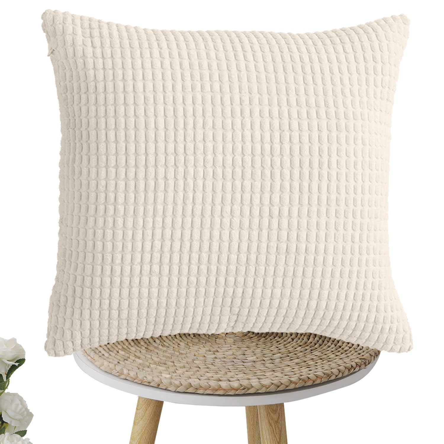 uyeoco Soft Corduroy Striped Pillow Covers - 30x50 80x80 60x80 50x70 Solid Lumbar Throw Pillow Cases - Decorative Cushion Covers for Sofa Bed Patio with Zipper Pillowcases(White,35X35cm(14x14in))