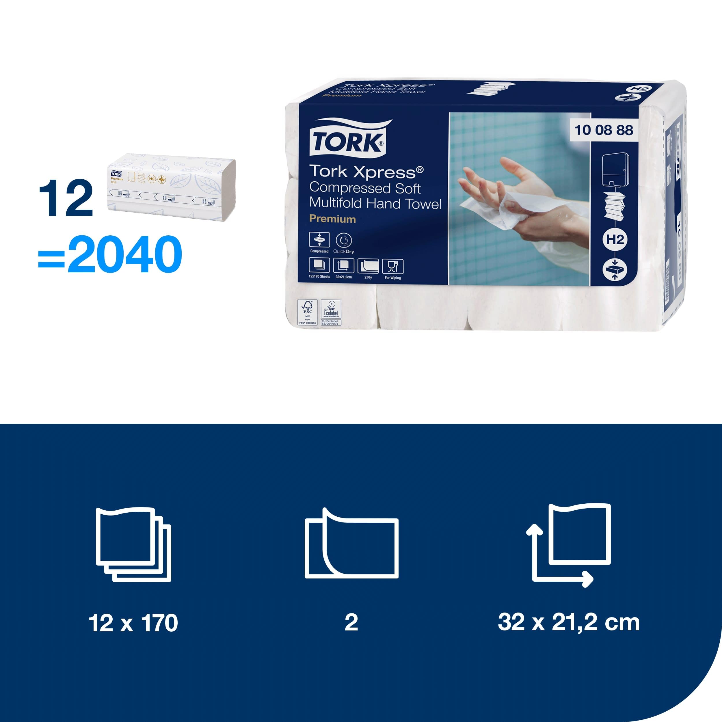 Tork Xpress Toallas de Mano Entreplegadas Suaves ComprimidasBlancoo H2, Premium, 2 capas, Plegado en M, Grandes, 12×170 hojas, 100888