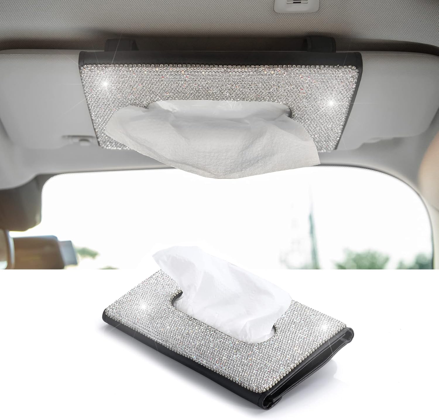JUSTTOP Black Car Visor Tissue Box Holder, Leather Crystals Paper Towel Cover Case, Sun Visor Napkin Holder, Hanging Car Tissues Holder, Auto Interior Accessories(White)