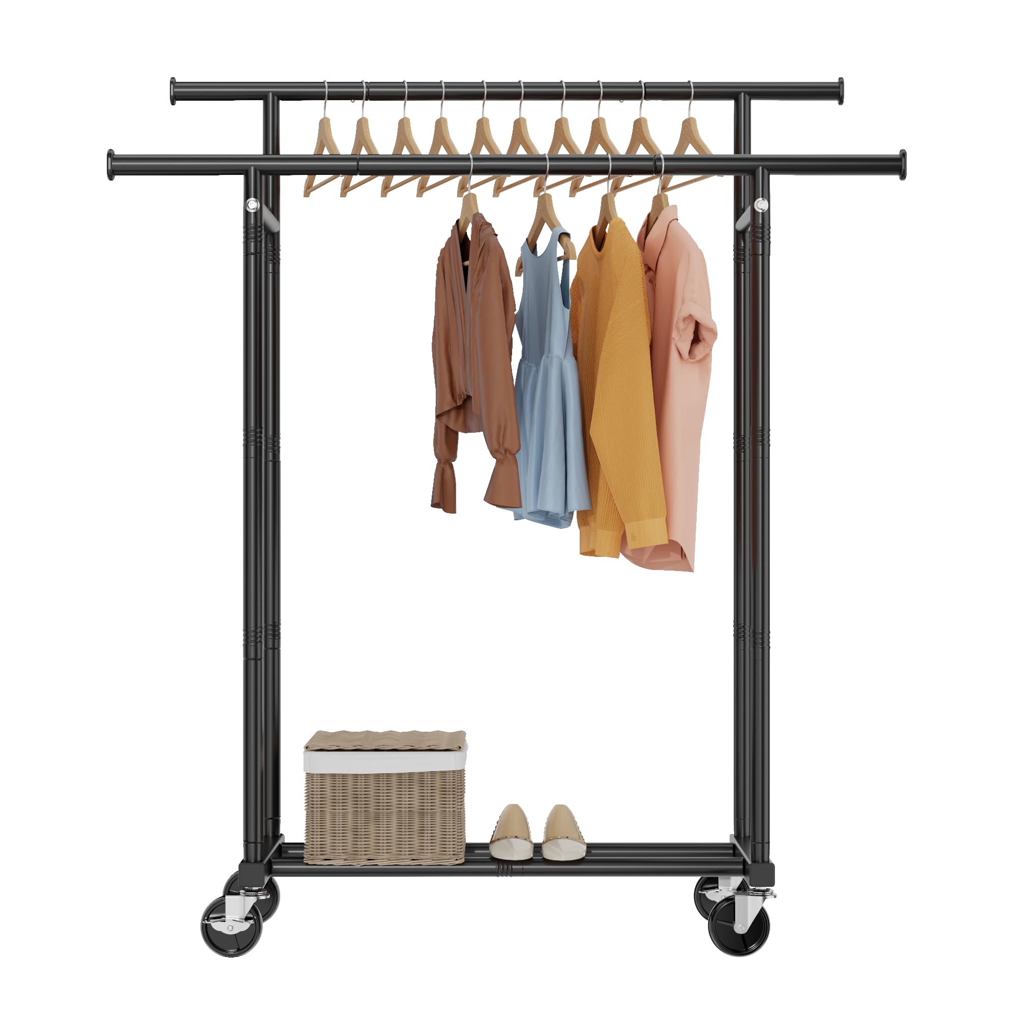 Double Rods Clothes Rack, Rolling Clothing Rack for Hanging Clothes Portable Wardrobe, Metal Garment Rack Sturdy Coat Rack for Bedroom Laundry Living Room, Black3