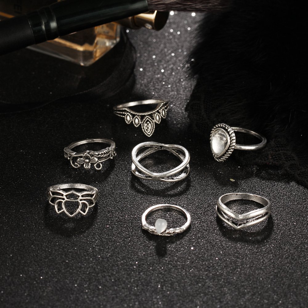 Set of 7 Boho Midi Finger Ring (Oxidised)