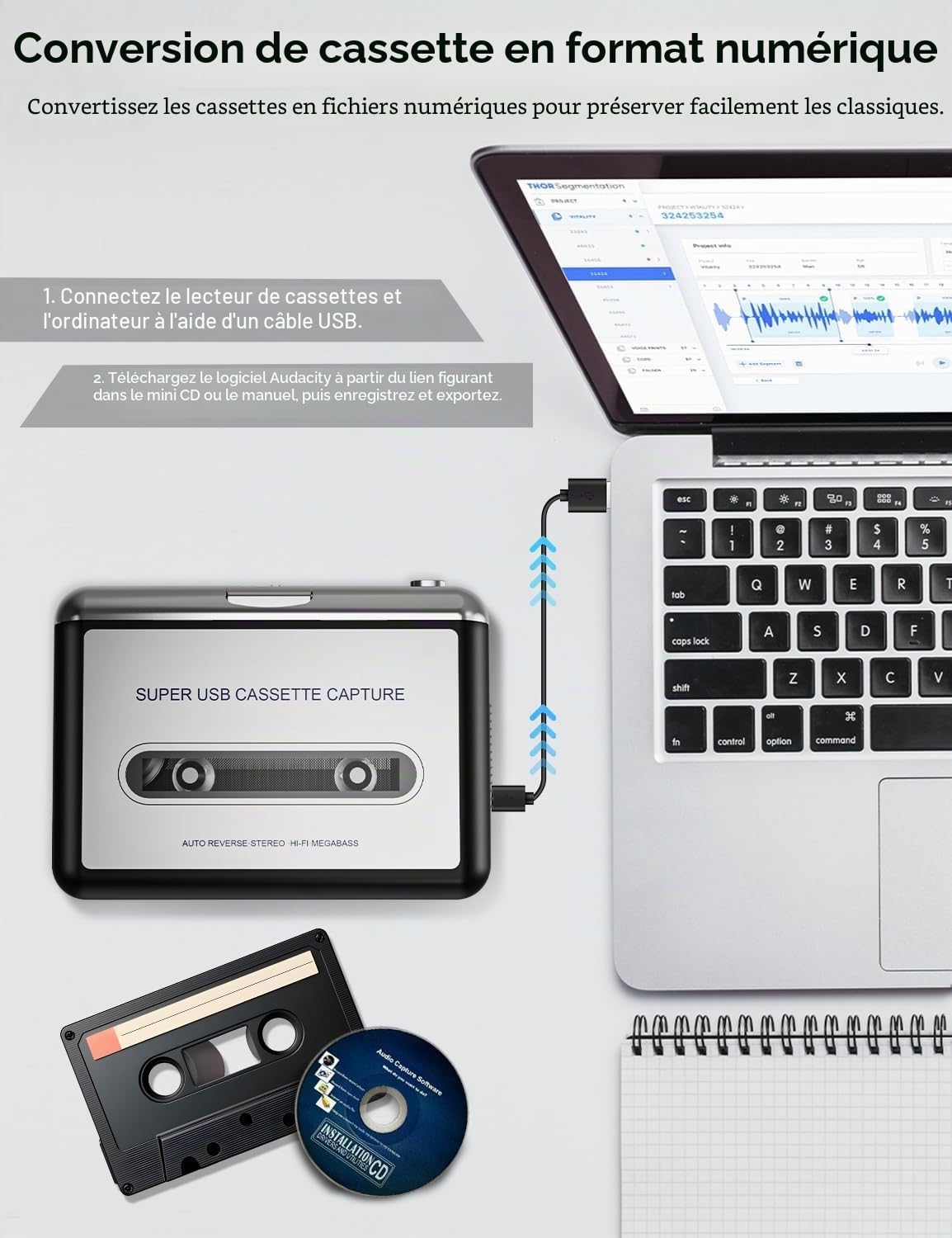 Lecteur de cassettes - Enregistreur portable avec écouteurs - Convertit les cassettes audio en MP3 numérique, compatible avec ordinateur portable/PC/MAC - Pour divertissement, voyage, sports légers