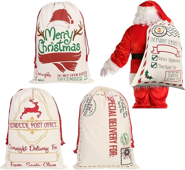 LATERN 3Pcs Christmas Bags Gifts Bags Santa Sack Canvas Bag with Red Drawstrings - 3 Styles Christmas Elk Express Delivery Bags Extra Large Size 70 x 50cm