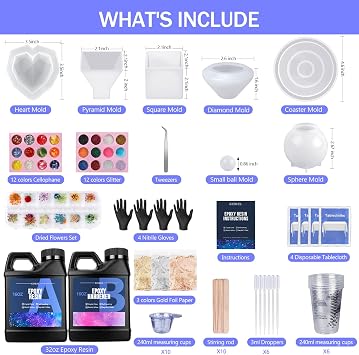 KISREL Epoxy Resin Kit for Beginners, Resin Kit with Molds, 32OZ Epoxy Kit wiht Dried Flowers, Measuring Cups and Resins Supplies