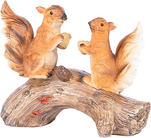 Lámpara de jardín de LED alimentada por luz solar con figura de ardillas en un tronco.