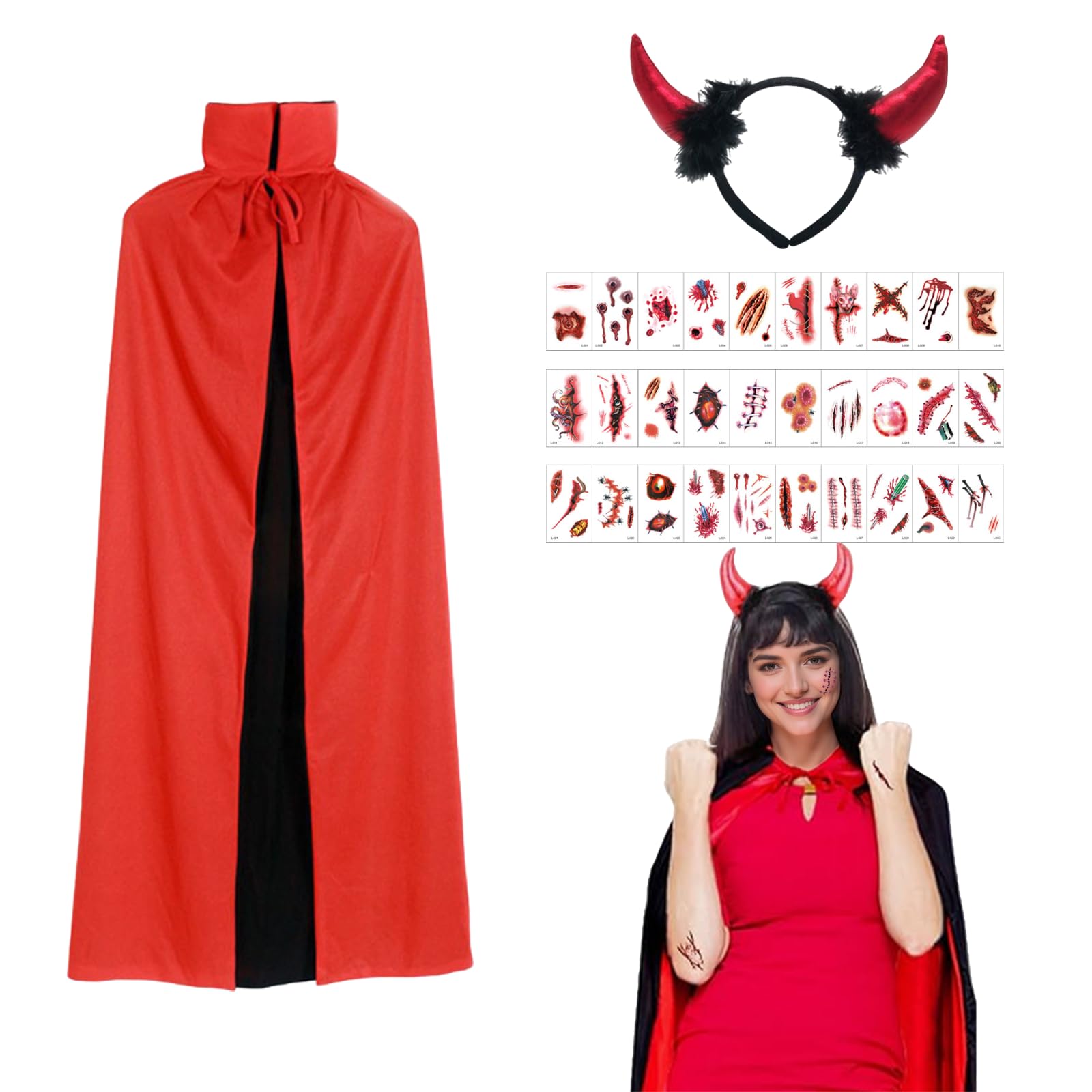 SSKHE Halloween Cape Set for Women Halloween Devil Costume Men with Horns Headband and Scar Tattoo Sticker