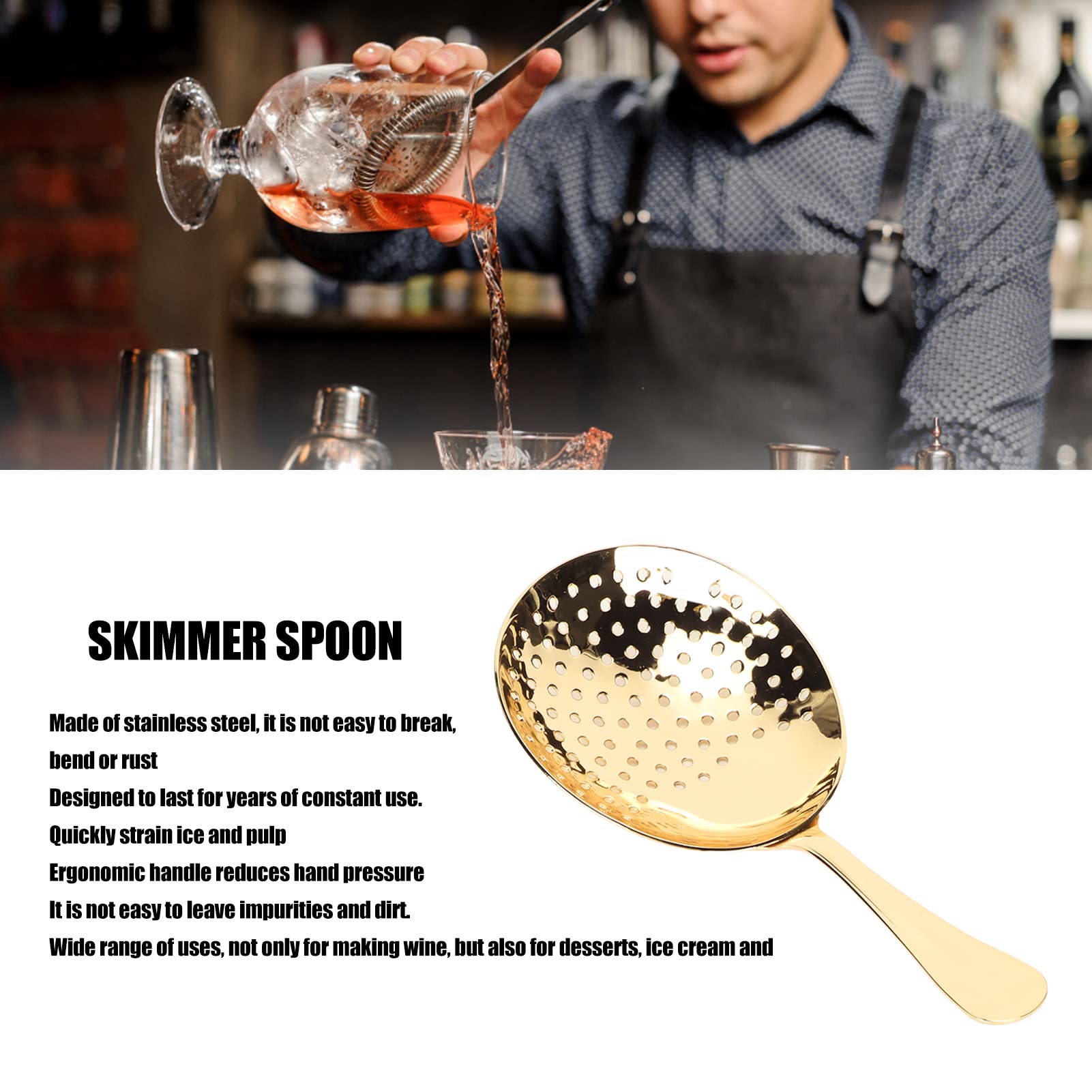 Stainless Steel Julep Strainer Slotted Spoon, Professional Bartender Julep Strainer for Cocktail Drinks Skimmer Cocktail Strainer Spoon for Cocktail Drinks Home or Bar (Gold Plating)