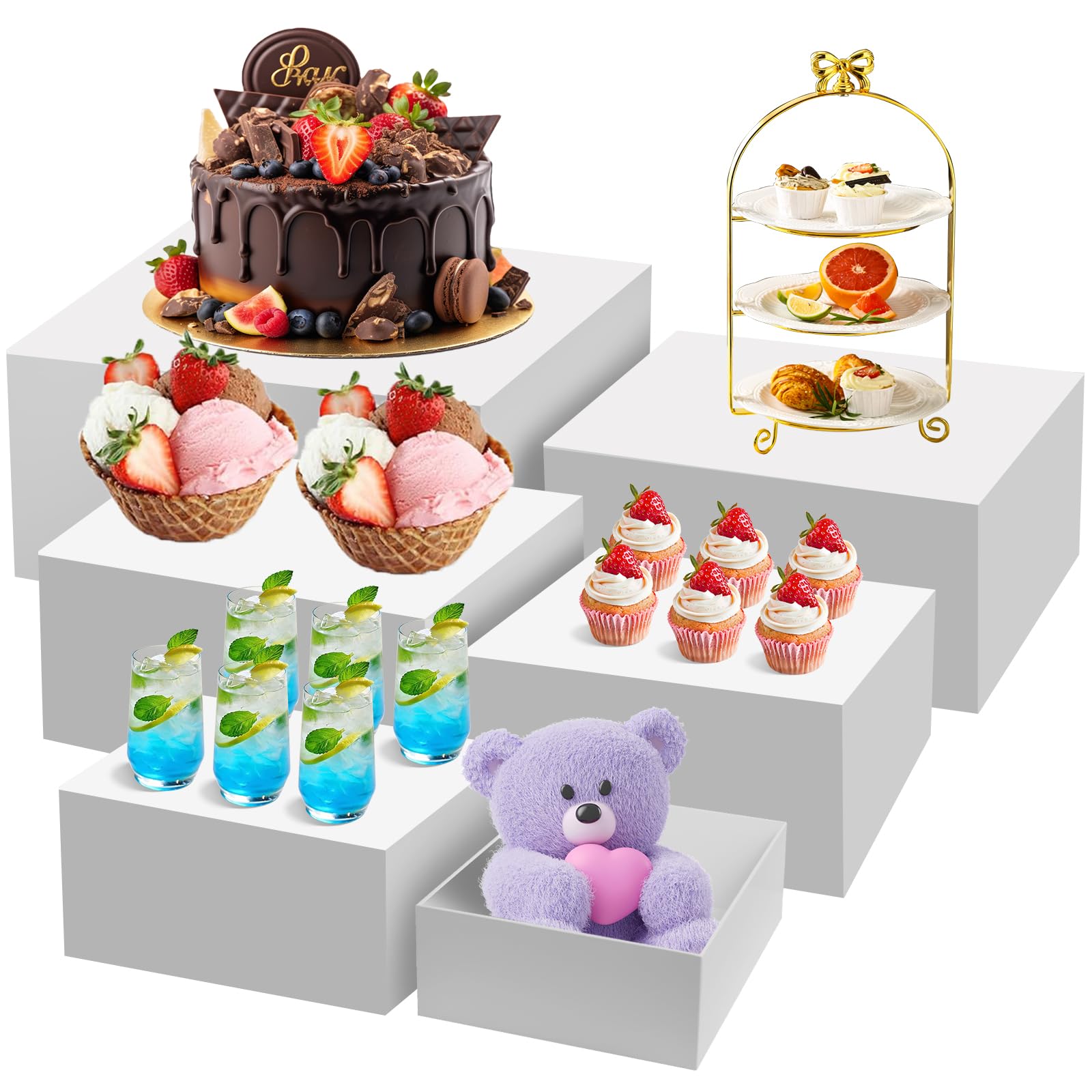 Buffet Risers and Stands Set of 6, White Acrylic Dessert Table Display Risers Set for Cakes, Cupcakes, desserts and Party Food, Stackable food display risers for party Weddings and Retail Displays