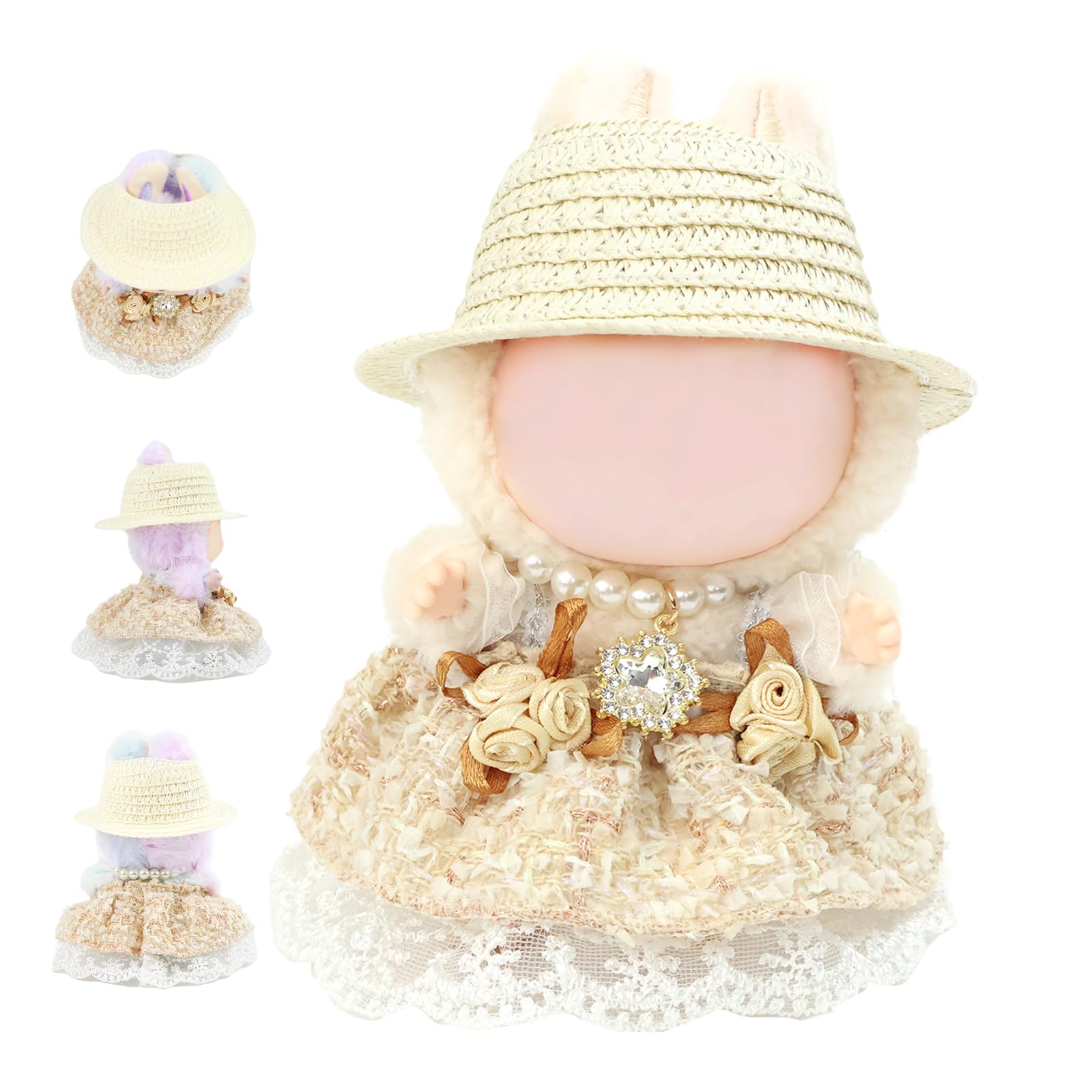 HiOKOU Clothes for labubu Skirt Set for Doll 3 Piece Set with Dress Outfit Hat Necklace Chic Dress for Dolls Accessories (NO Doll)(Cream Tweed)