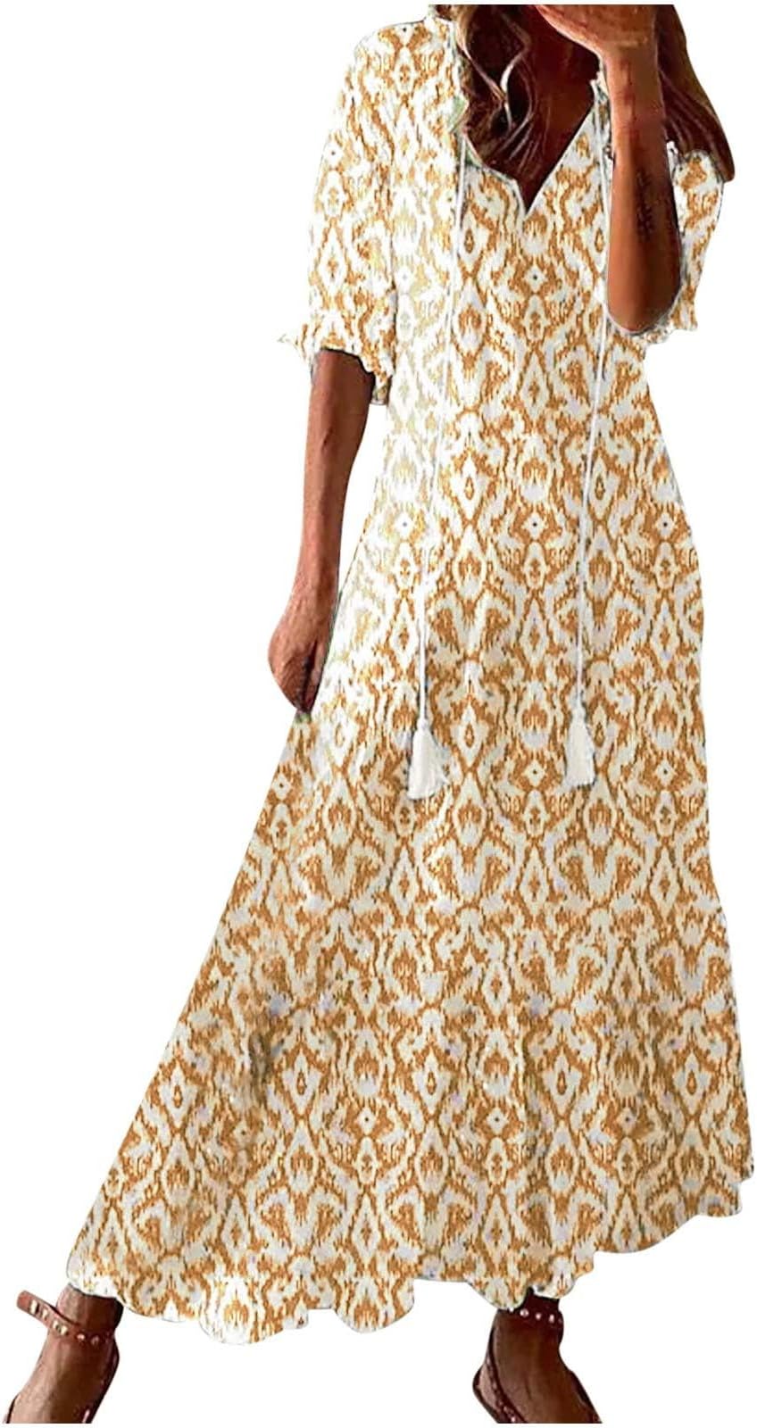 Women Elbow Sleeve Casual Sundress Fashion Grahpic Design Maxi Dress V Neck A Line Fashion Long Dresses