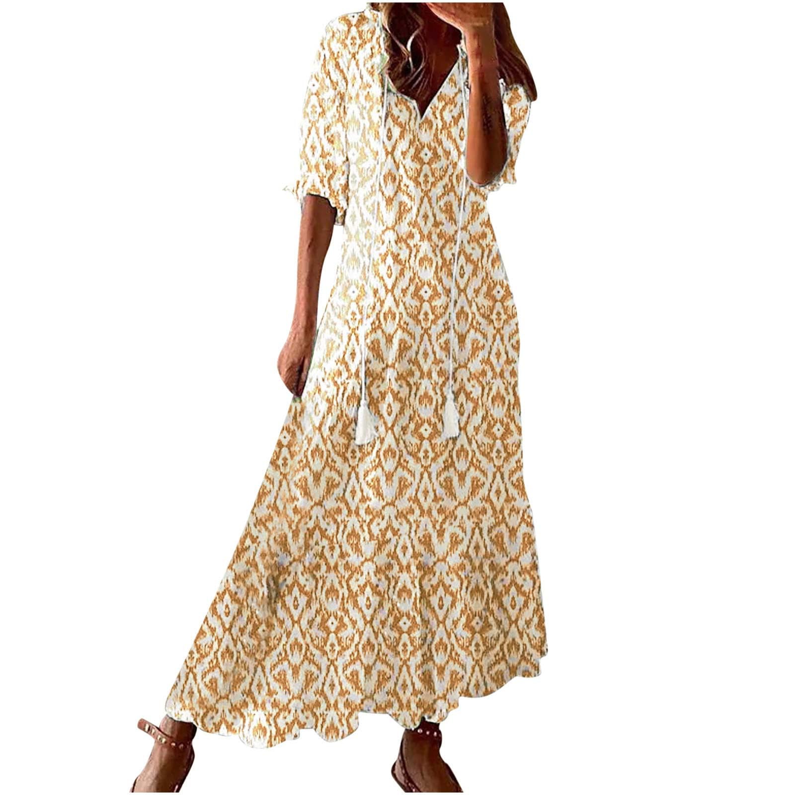 ZeiayuasWomen's Summer Dress V Neck Boho Maxi Dresses Casual Half Sleeve Long Dress Bohemian Pleated Beach Dress Ladies Flowy Holiday Swing Loose Fit Dresses for Party Evening