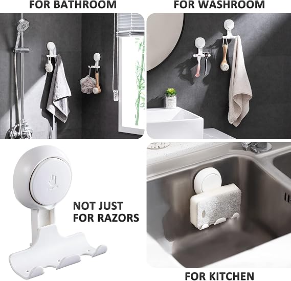 LEVERLOC Razor Holder for Shower 2 Pack, Powerful Suction Cup Hooks, White