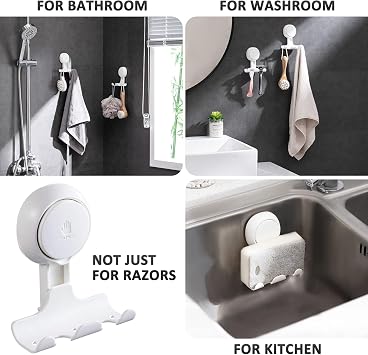 LEVERLOC Razor Holder for Shower 2 Pack, Powerful Suction Cup Hooks, White