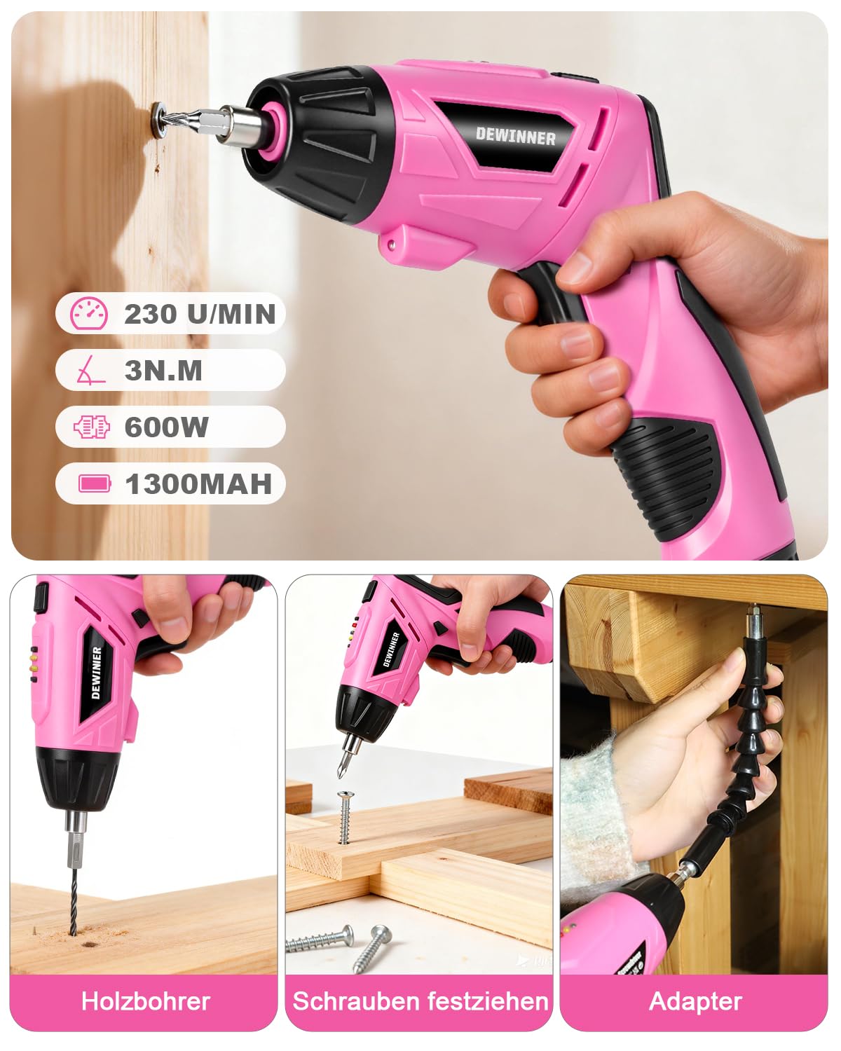 DEWINNER Destornillador Eléctrico Rosa 3N.m 1300mAh – Kit Taladro Destornillador Inalámbrico Recargable con Luz LED, Cable USB – Ideal para Bricolaje, Montaje de Muebles y Reparaciones Domésticas