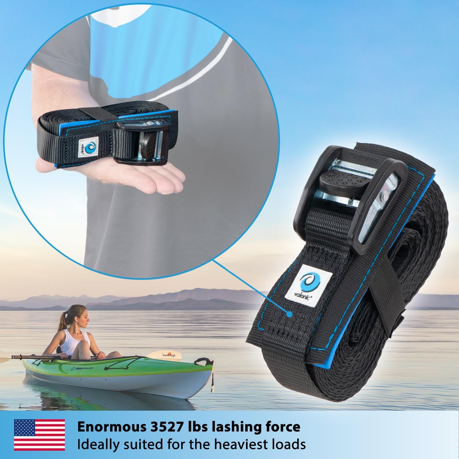 valonic ORCA - cam Straps Heavy Duty - 3500 lbs, Padded, cam Buckle, 20 ft x 1.3 in, 2 Pack - roof Straps for Kayak or Surfboard roof Rack - Black, with Protection pad