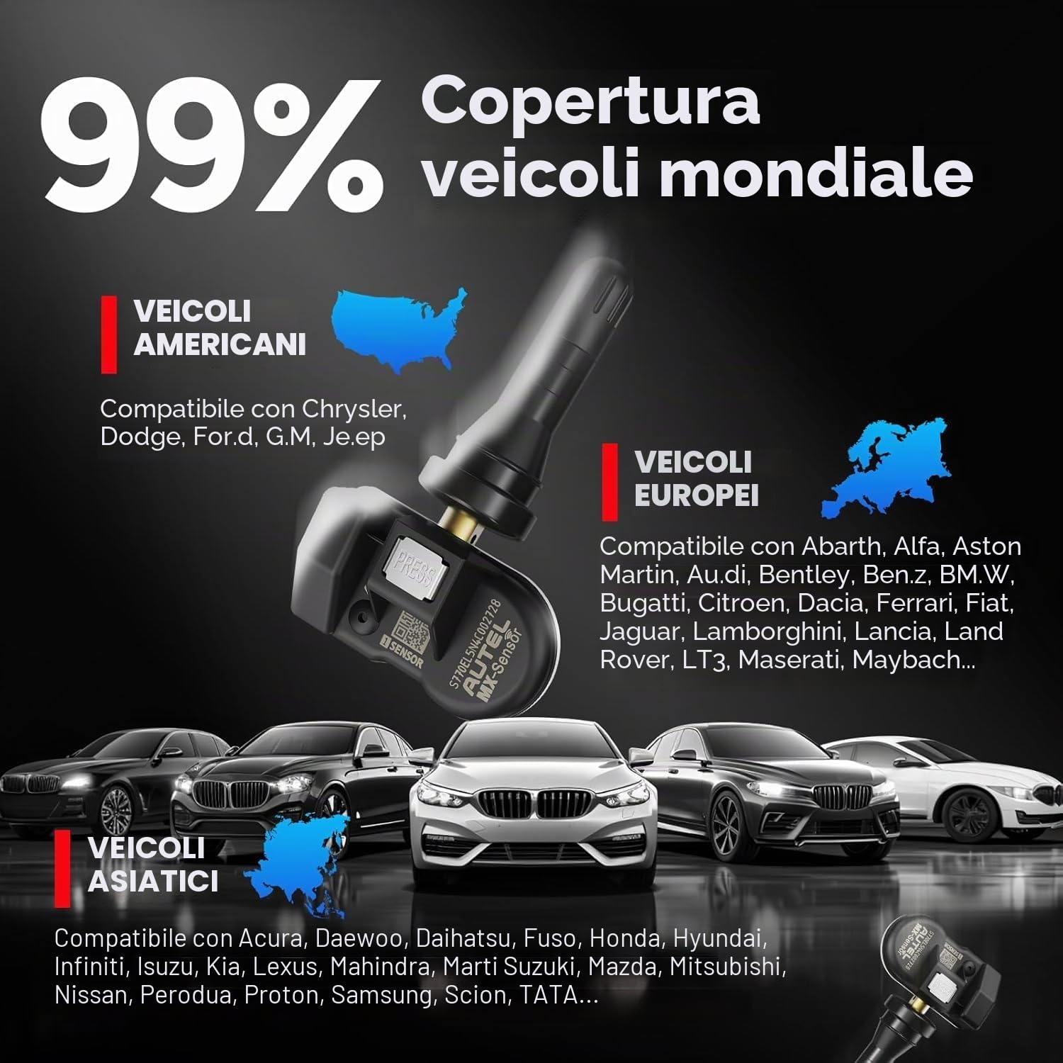 Autel MX-Sensor TPMS Sensore, Doppia Frequenza, Livello OE per 98% Autos, Sensore Pneumatici Programmabile 100%, Compatibili con TS408S TS508WF TS501PRO TS601 Strumento TPMS (Valvola in Gomma, 4PCS)