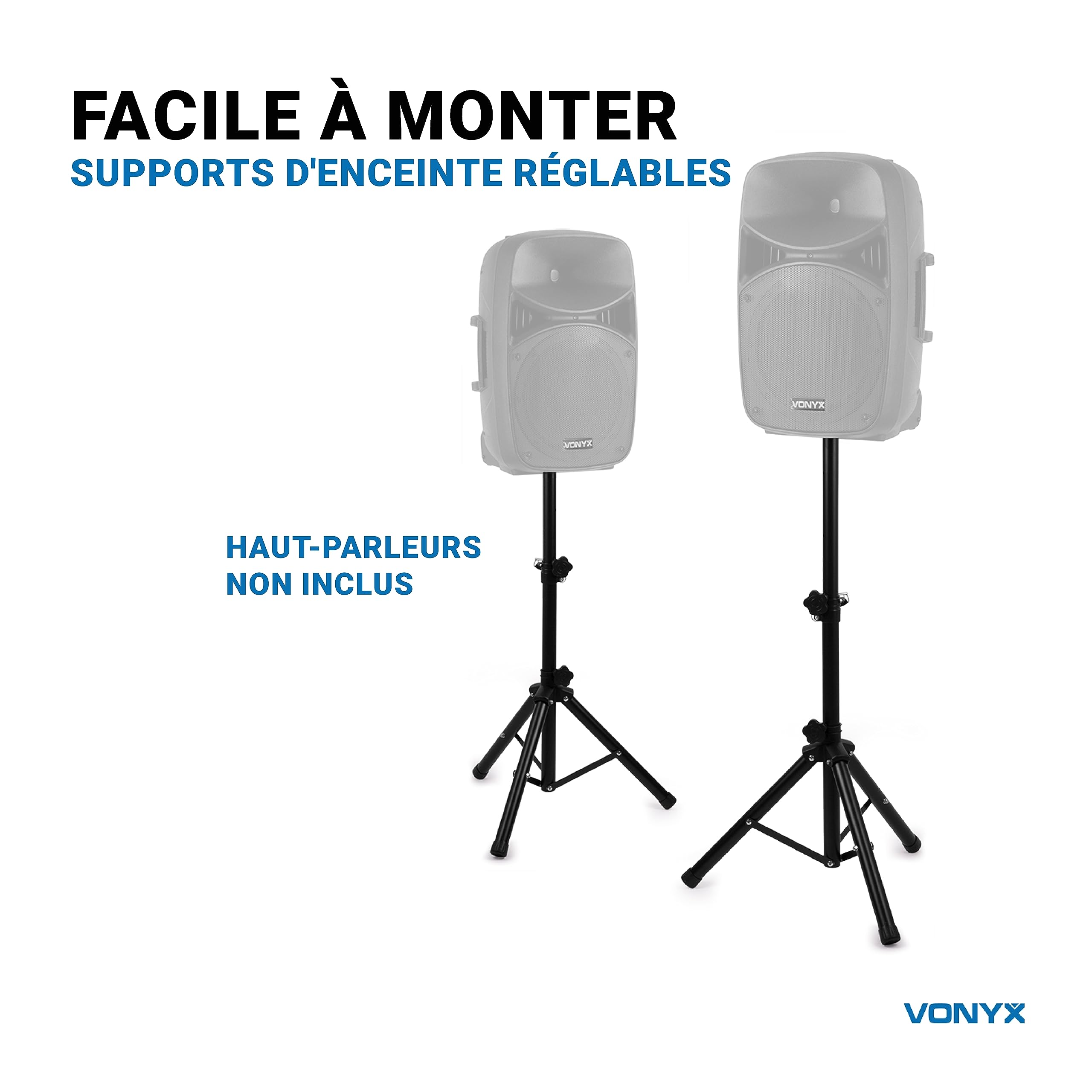 Vonyx LS02K Petits Pieds d'Enceintes en Métal, Noir, Insert 35mm, 5 Hauteurs Réglables Entre 66cm et 111cm, Système de Verrouillage de Sécurité, Charge Maximale par Pied 20 kg