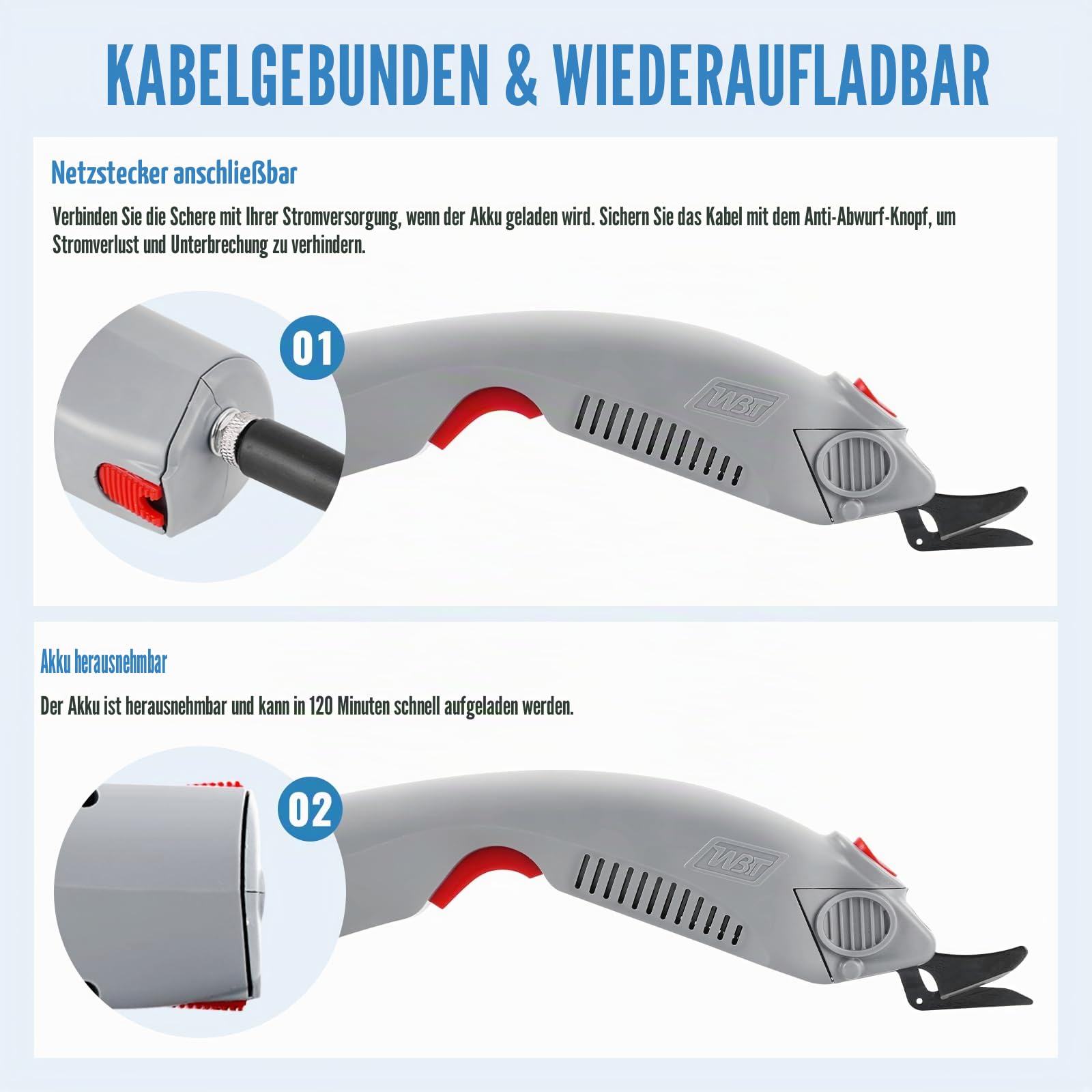 MXBAOHENG Elektrische Stoffschere A Schneidkopf 3.6V Akkuschere WBT-1 | Schnittstärke 0-8 mm Elektrische Schneiderschere mit 1 Wiederaufladbare Akku Elektrische Schere für Stoff Leder Pappe
