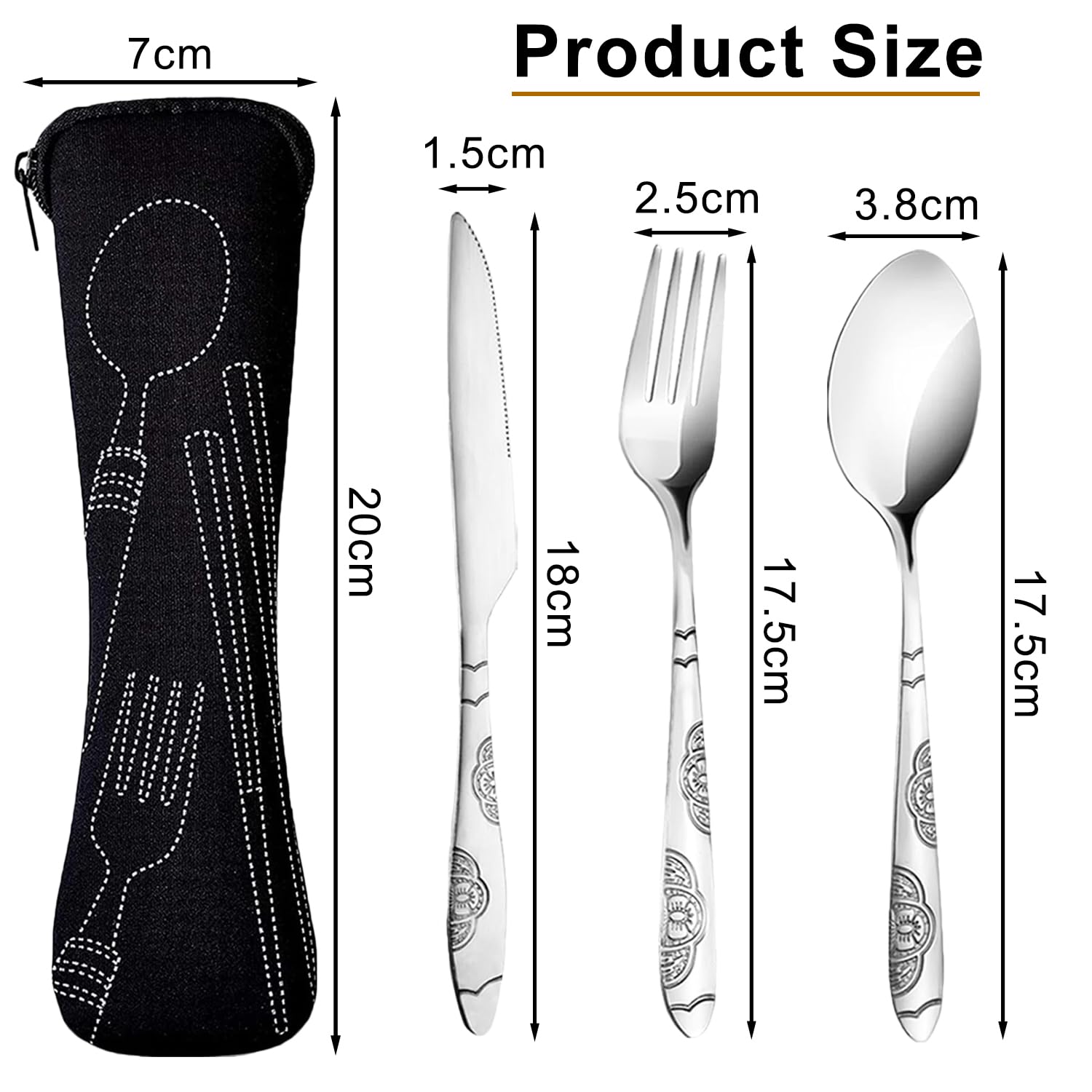 3 Pezzi Posate con Custodia Portatile, Set di Posate Acciaio Inox con Coltello Forchetta Cucchiaio per Viaggi Campeggio Picnic Ufficio Scuola
