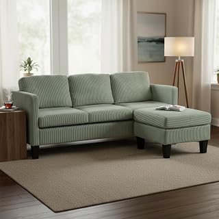 L-Shaped Sectional Sofa with Padded Corduroy and Memory Foam, 3-Seat Modern Furniture for Living Room and Apartment (Olive Green)
