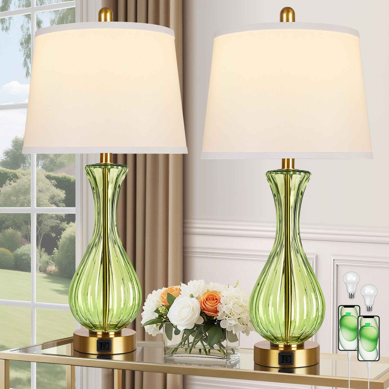 27 5 Coastal Glass Table Lamp Set of 2 3-way Dimmable Full Touch Control Beach Lamp with USB