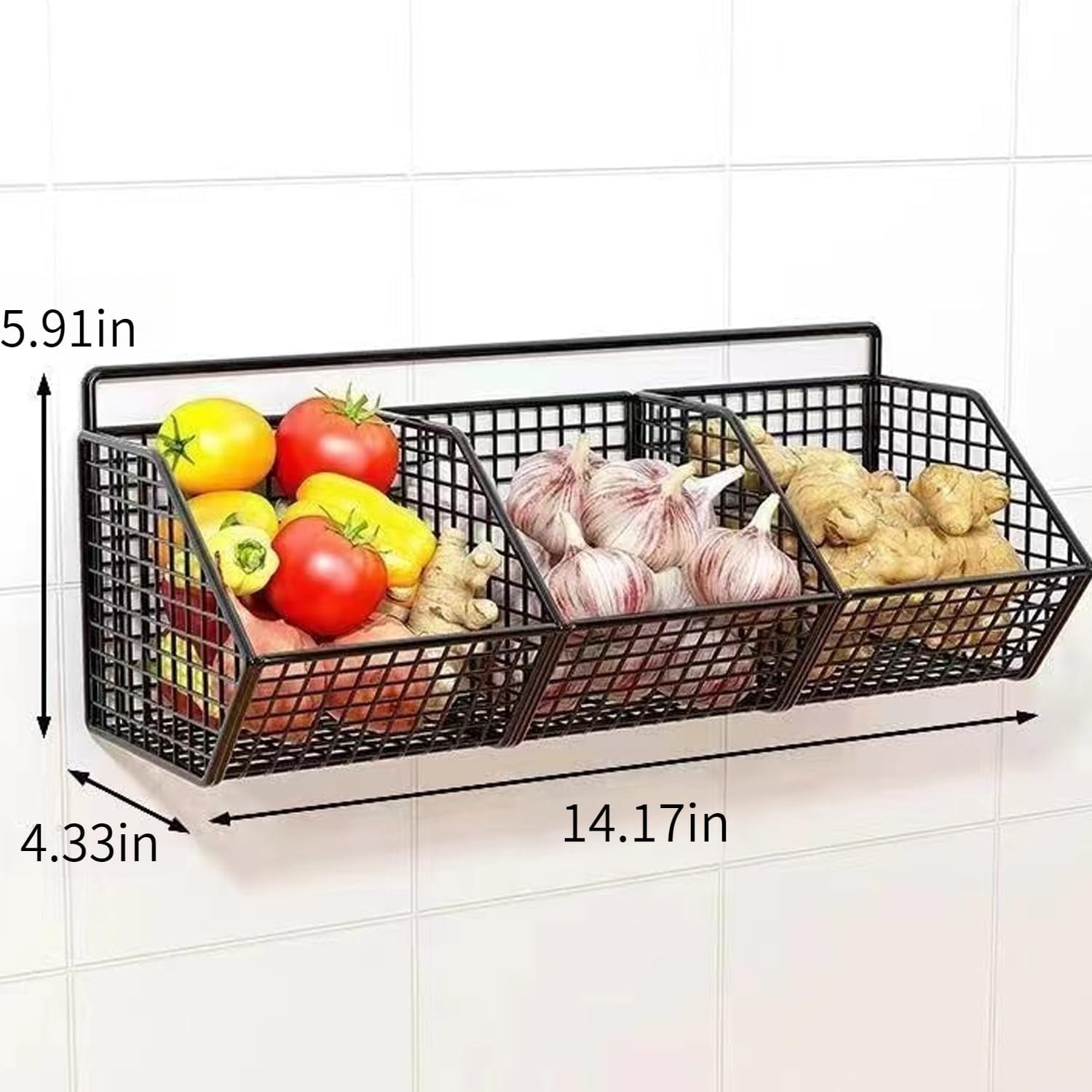 3 Grids Hanging Storage Box for Ginger & Garlic, Punch-Free Wall Mount Kitchen Rack, Multi-Purpose Organizer for Spices, Sundries, Black