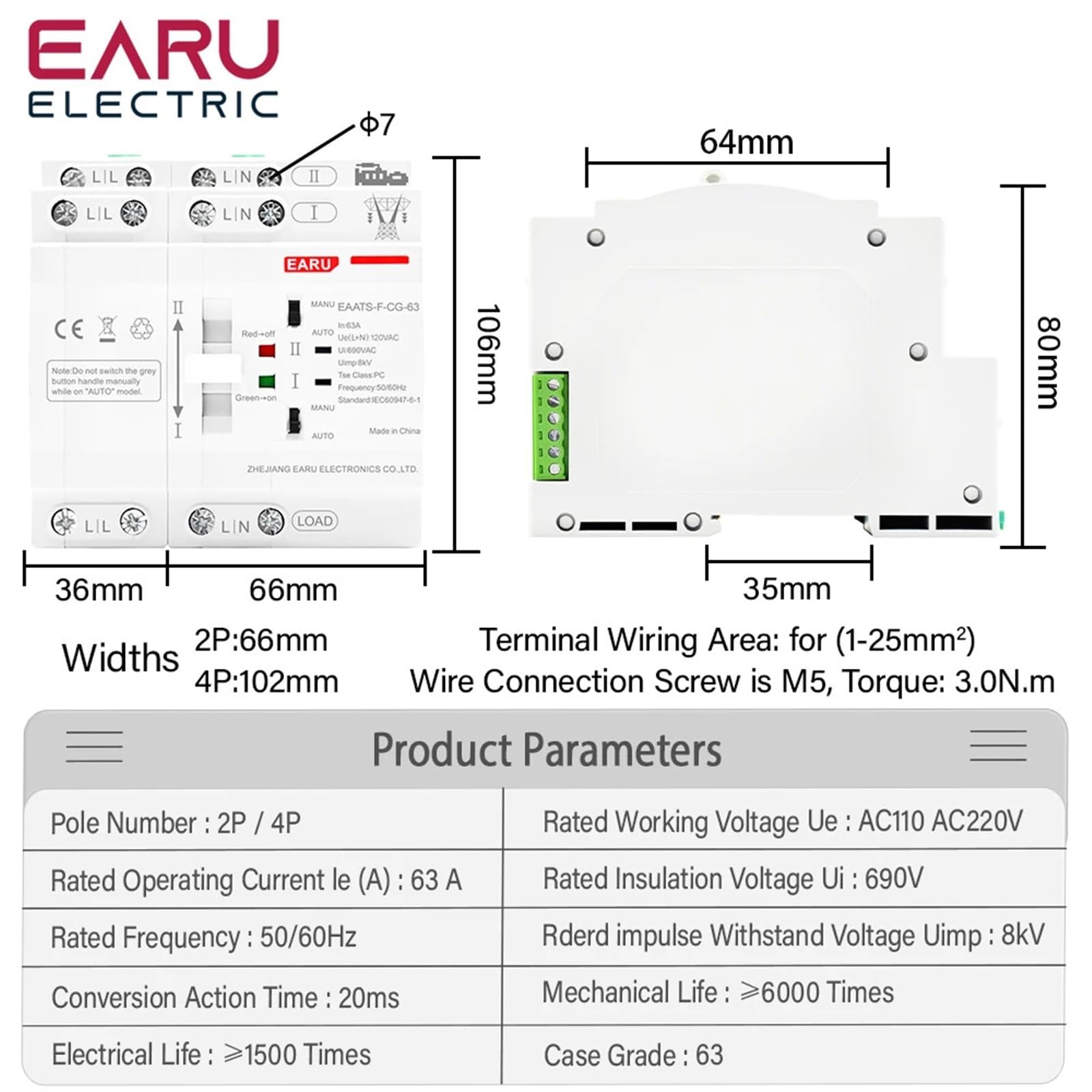 Rail 2P 4P 63A AC 110V AC 220V ATS Interruttore di trasferimento automatico a doppia alimentazione Interruttori di selezione elettrica Alimentazione ininterrotta