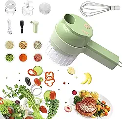 Cortador de vegetais sem fio portátil multifuncional – Processador elétrico de alimentos 4 em 1 para cortar, fatiar, ralar e bater, com escova de limpeza e cabo de carregamento