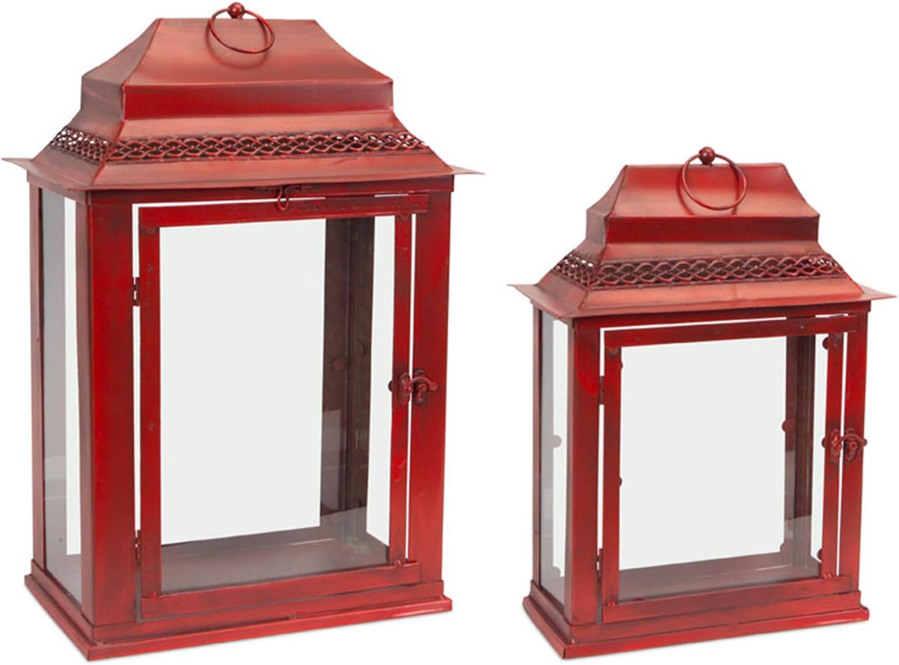 Melrose Lantern, 8.75"W x 22.25"H, Antique Red, Decorative Hanging Metal and Glass, Outdoor Porch Deck Patio, Home Room Décor, Lantern Candle